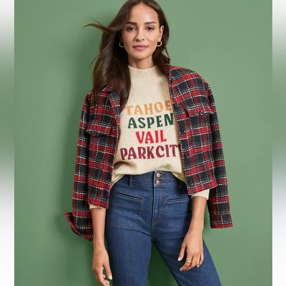 LOFT Jackets & Blazers - Loft Holiday Plaid Textured Tweed Shirt Jacket Crop Shacket Size Large